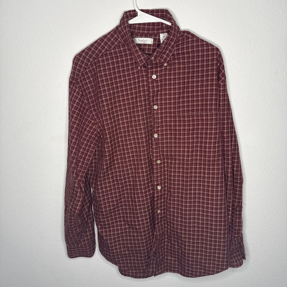 Turnbury L35 Mens Plaid Shirt Red Plaid Cotton Long Sleeve Button Down Preppy